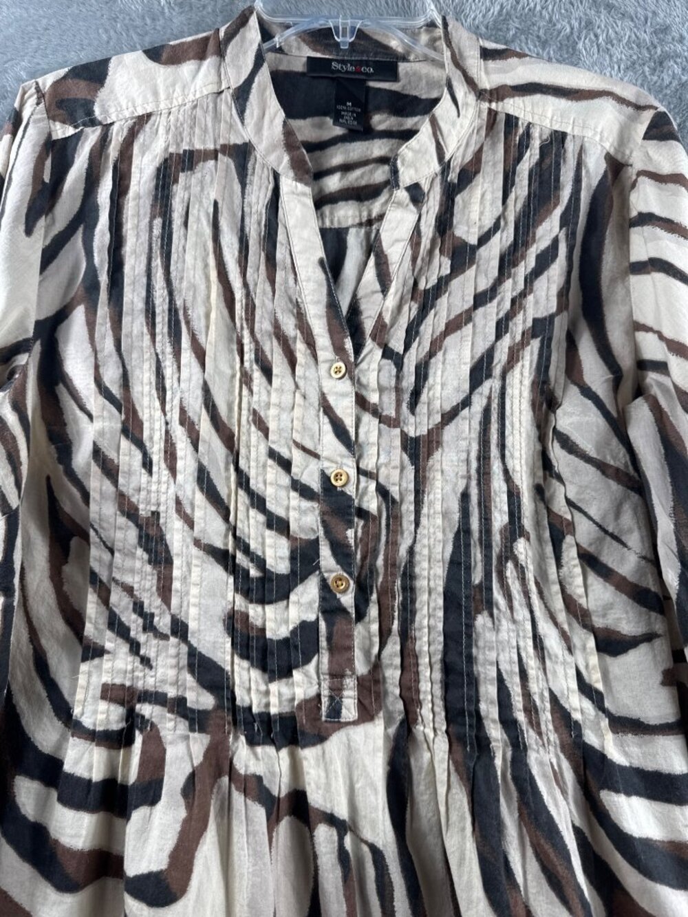 Womens Style & Co Zebra Print Button-Front Blouse M 100% Cotton Brown/Beige 3/4 - Picture 10 of 11